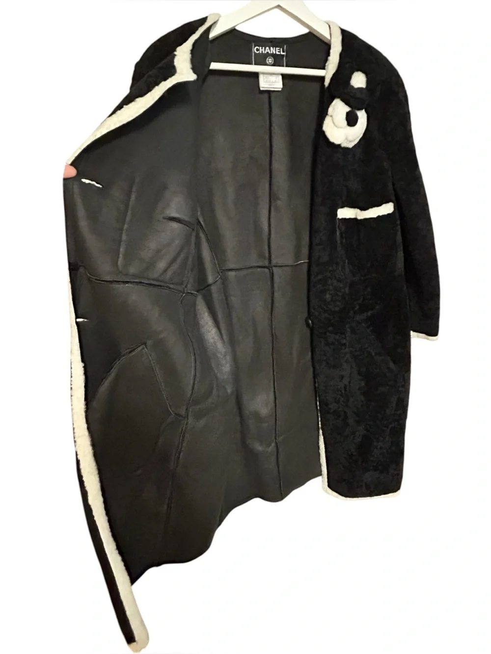 Chanel 48 shearling button coat camellia fur‎ brooches RARE VINTAGE A03